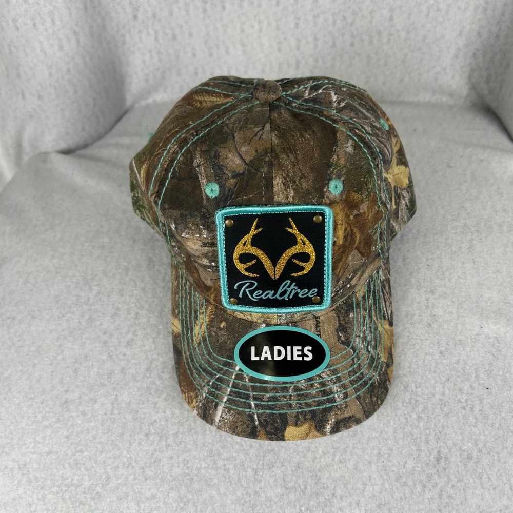 Realtree Camo Hat Ladies OSFM Brown Teal Glitter Antler Logo Snapback‎ Cap